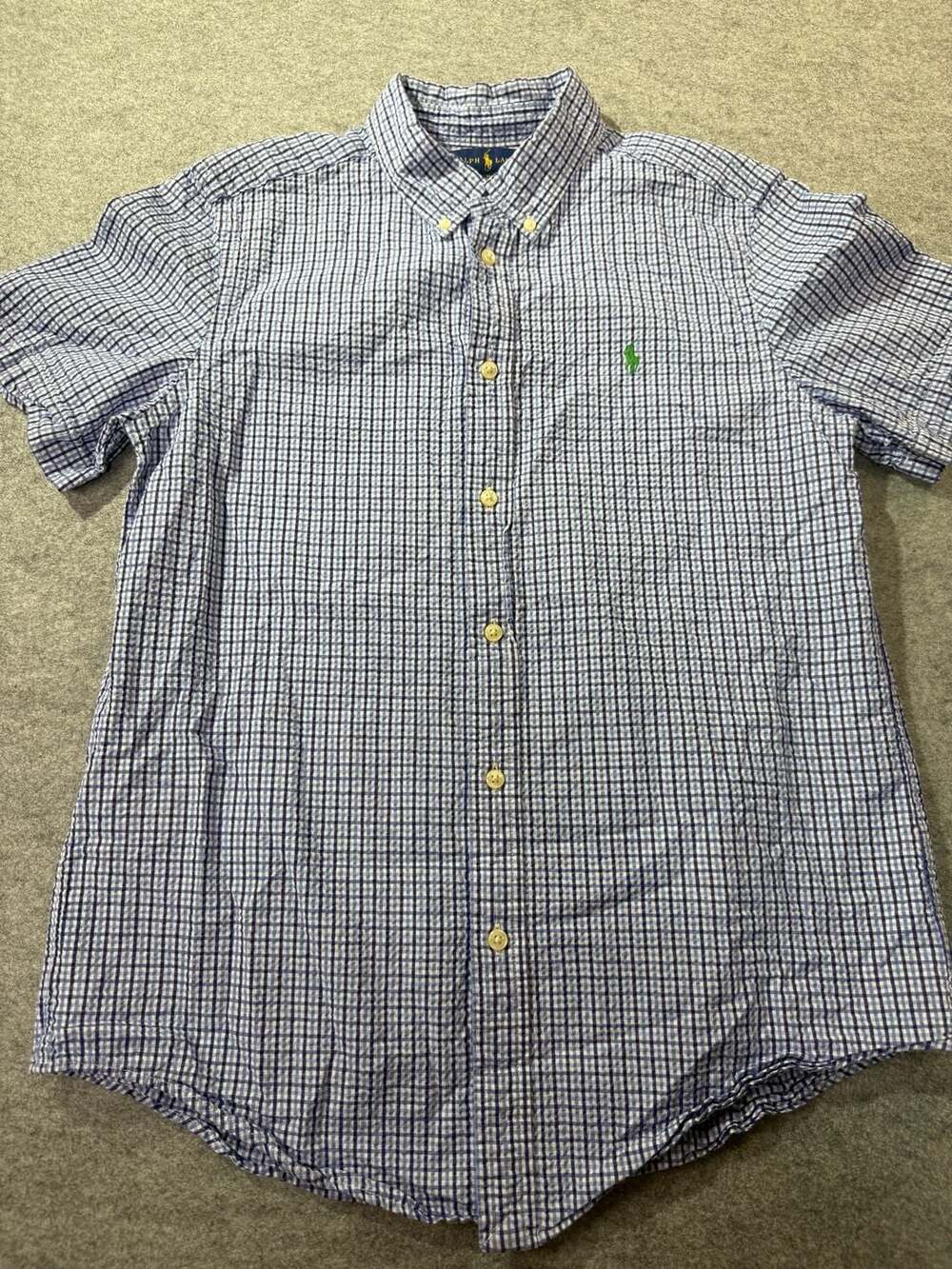 Ralph Lauren Short Sleeve Gingham Shirt XL 18-20 Blue Seersucker